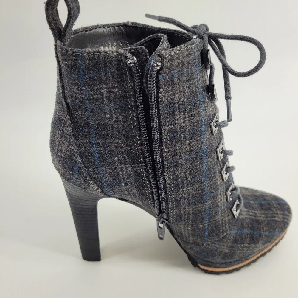 Gianni Bini Tosti Grey Plaid Lace Up Stiletto Platform Ankle Boots Womens 7M
